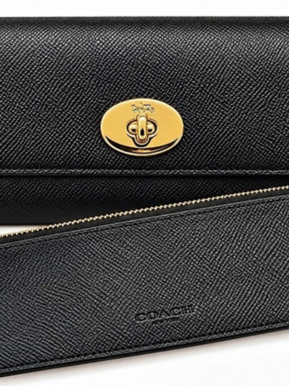 Coach 52345 Slim Envelope Wallet Black Crossgrain Leather Gold Turnlock Pouch